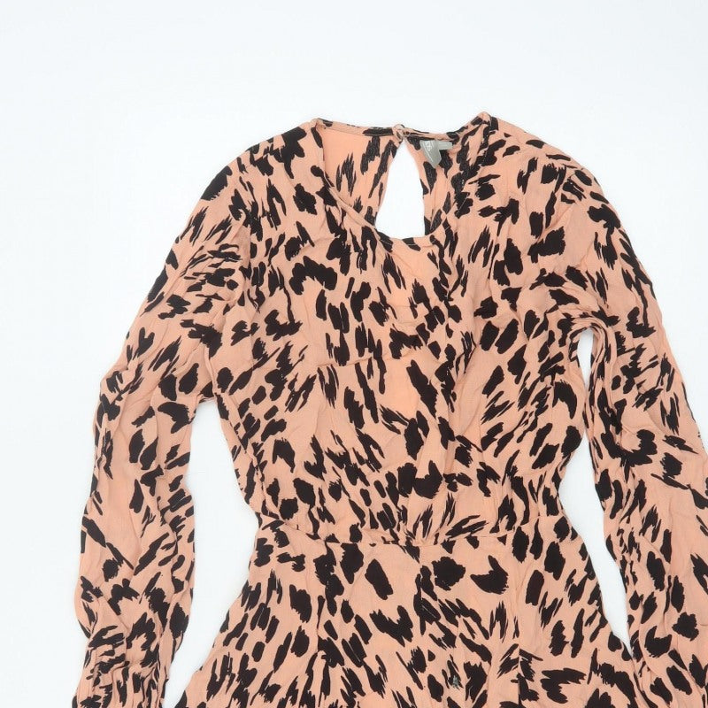 ASOS Women Pink Animal Print Long Sleeve Ruffle Playsuit UK 10