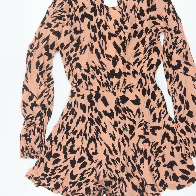 ASOS Women Pink Animal Print Long Sleeve Ruffle Playsuit UK 10