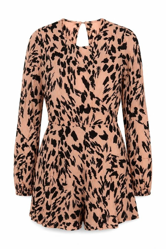 ASOS Women Pink Animal Print Long Sleeve Ruffle Playsuit UK 10