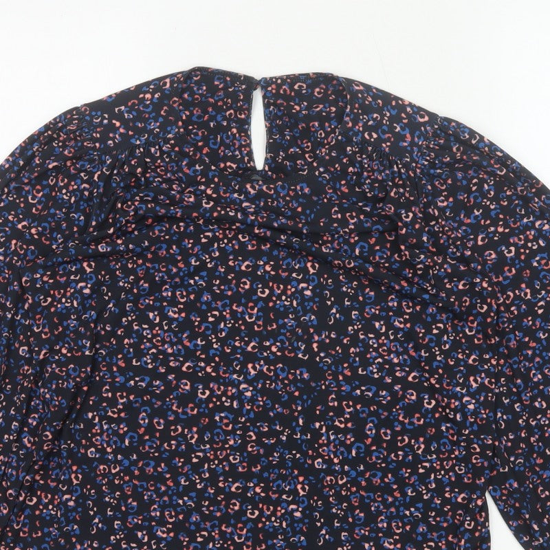 Monsoon Women Blue Leopard Print High Neck Puff Sleeve Blouse Size S