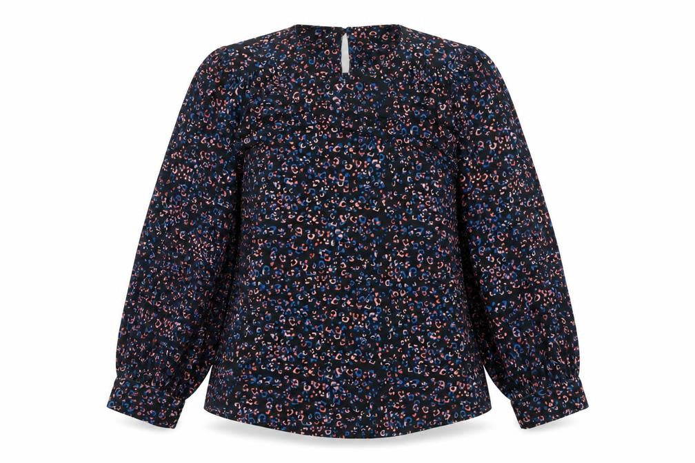Monsoon Women Blue Leopard Print High Neck Puff Sleeve Blouse Size S