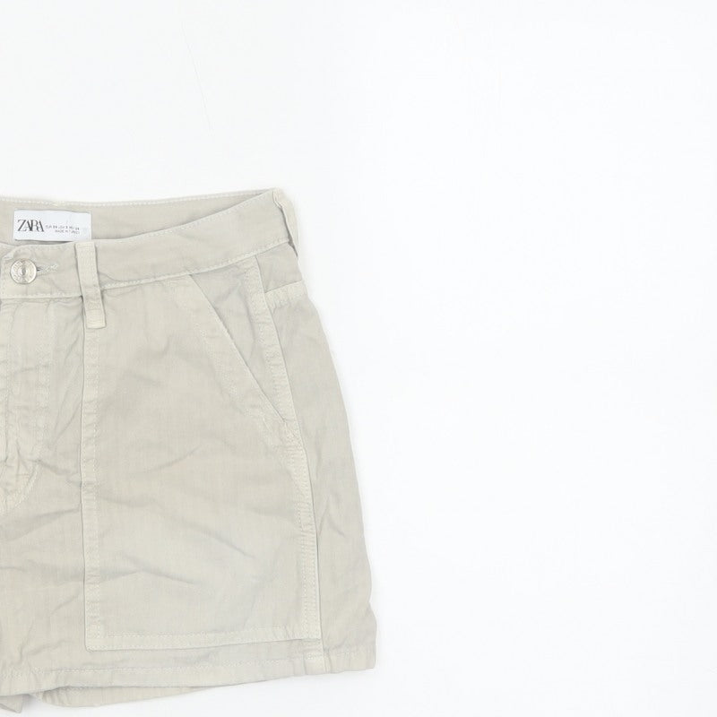 Zara Women Beige UK 6 High Rise Cotton Utility Shorts Pockets