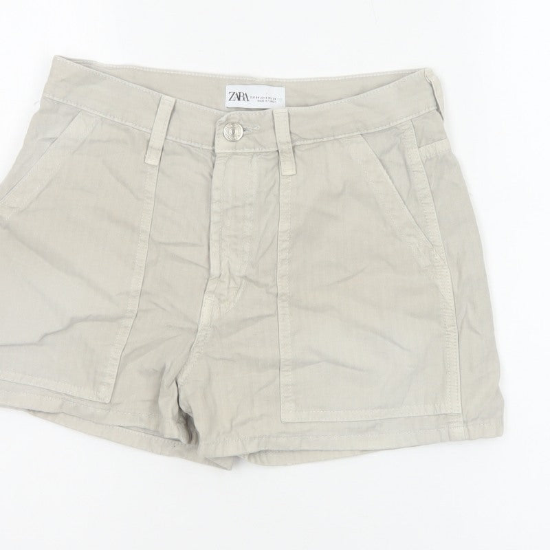 Zara Women Beige UK 6 High Rise Cotton Utility Shorts Pockets