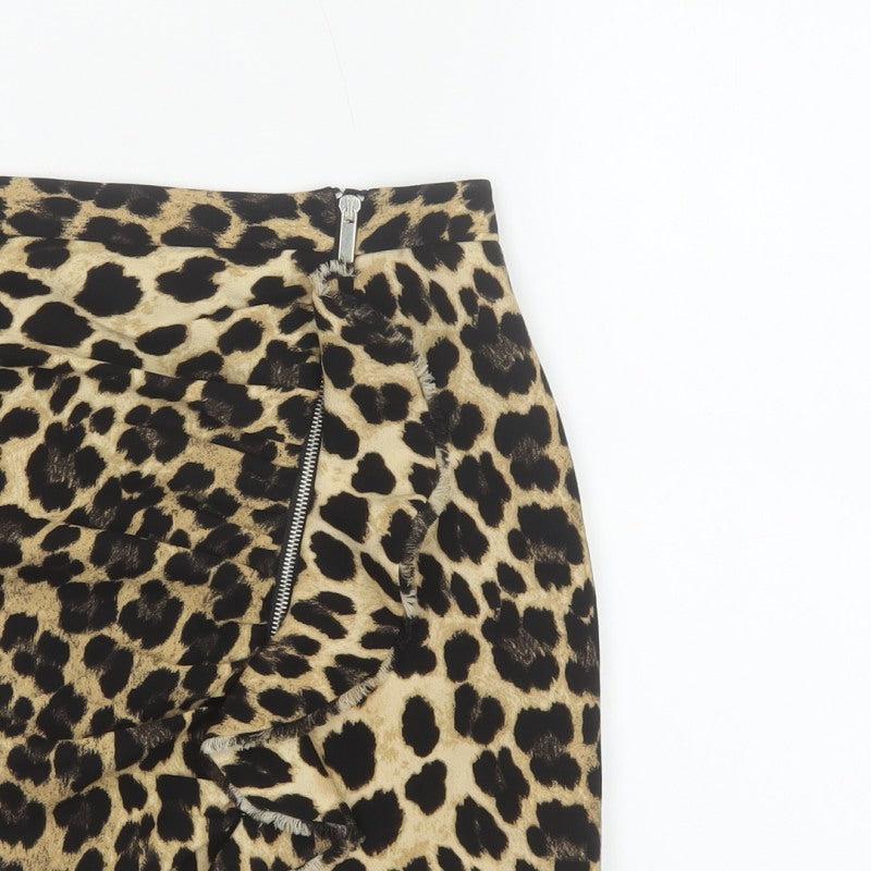 Zara Basic Women Beige Leopard Print Mini Skirt UK 8 Zip