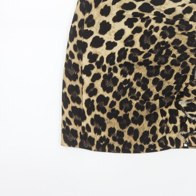 Zara Basic Women Beige Leopard Print Mini Skirt UK 8 Zip