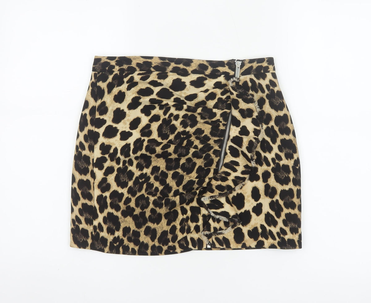 Zara Basic Women Beige Leopard Print Mini Skirt UK 8 Zip