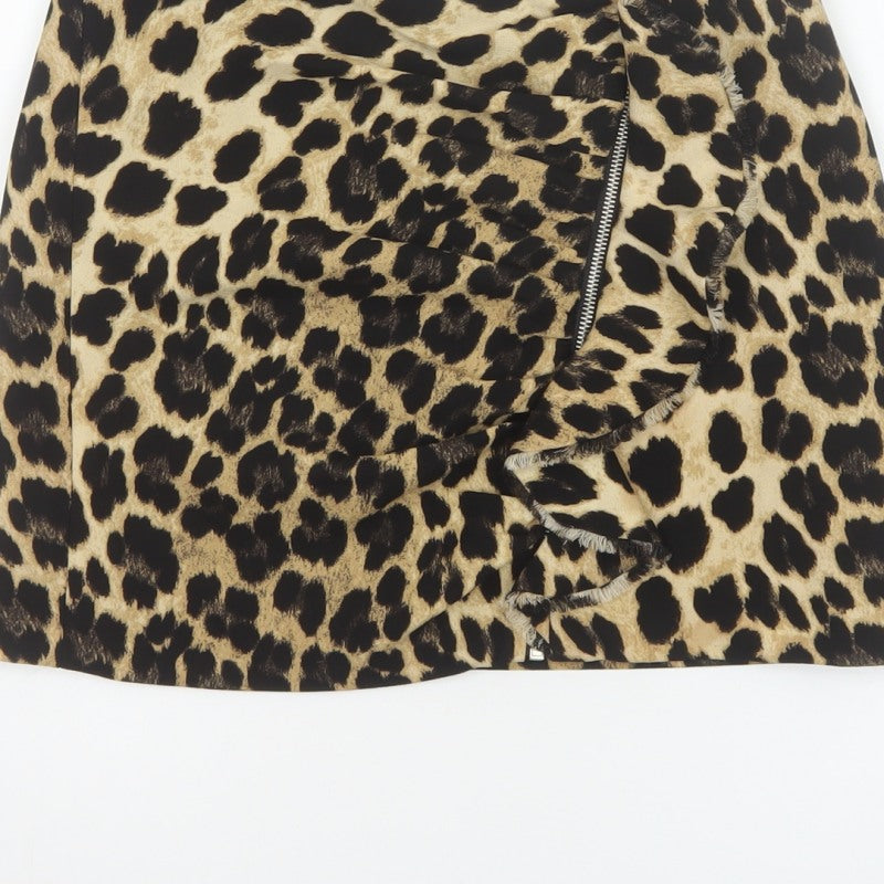 Zara Basic Women Beige Leopard Print Mini Skirt UK 8 Zip
