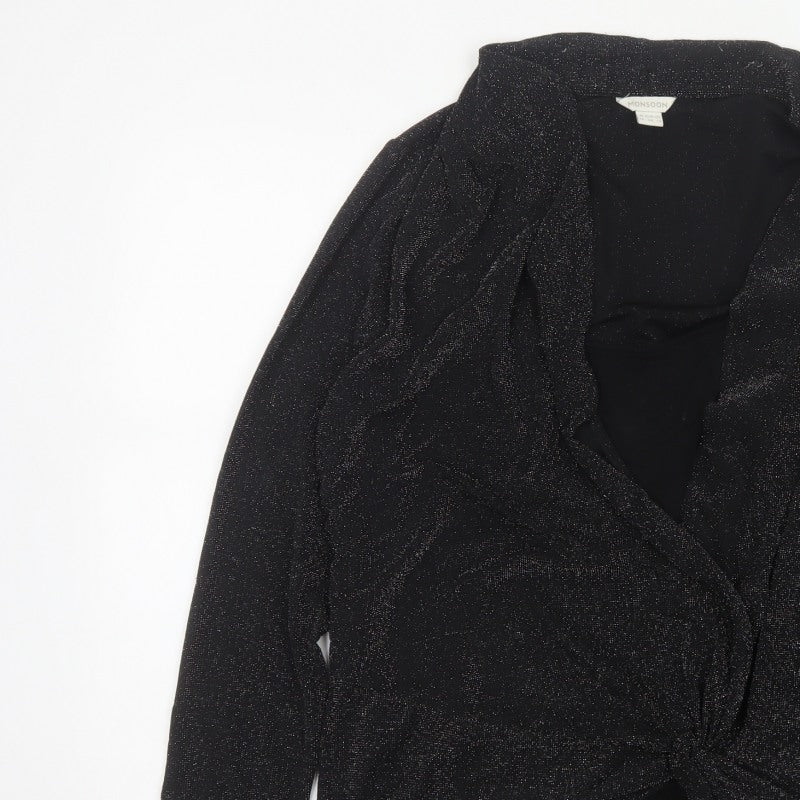 Monsoon Women Black Silver Sparkle Wrap Knit Top UK 18 Long Sleeve