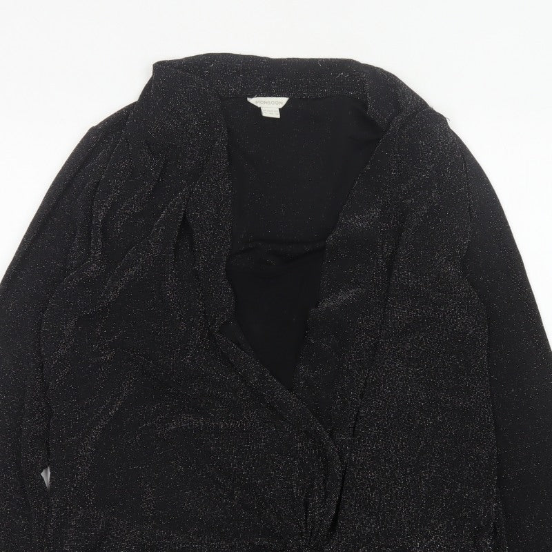 Monsoon Women Black Silver Sparkle Wrap Knit Top UK 18 Long Sleeve
