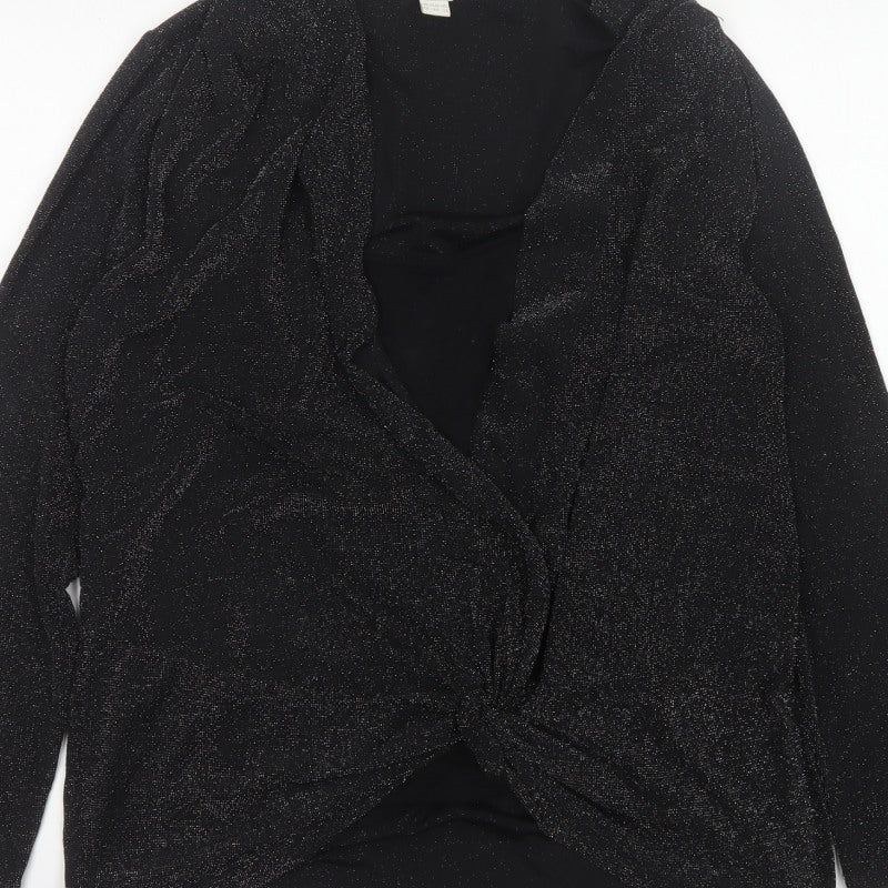 Monsoon Women Black Silver Sparkle Wrap Knit Top UK 18 Long Sleeve