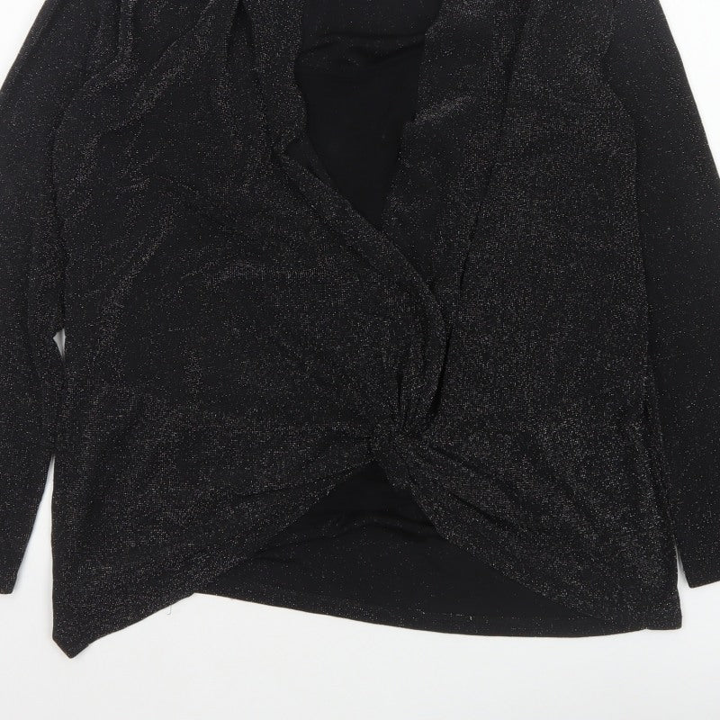 Monsoon Women Black Silver Sparkle Wrap Knit Top UK 18 Long Sleeve