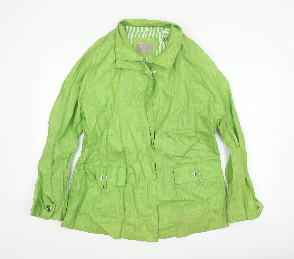 Adolfo Dominguez Women Green M Linen Zip Utility Jacket Cotton Lined