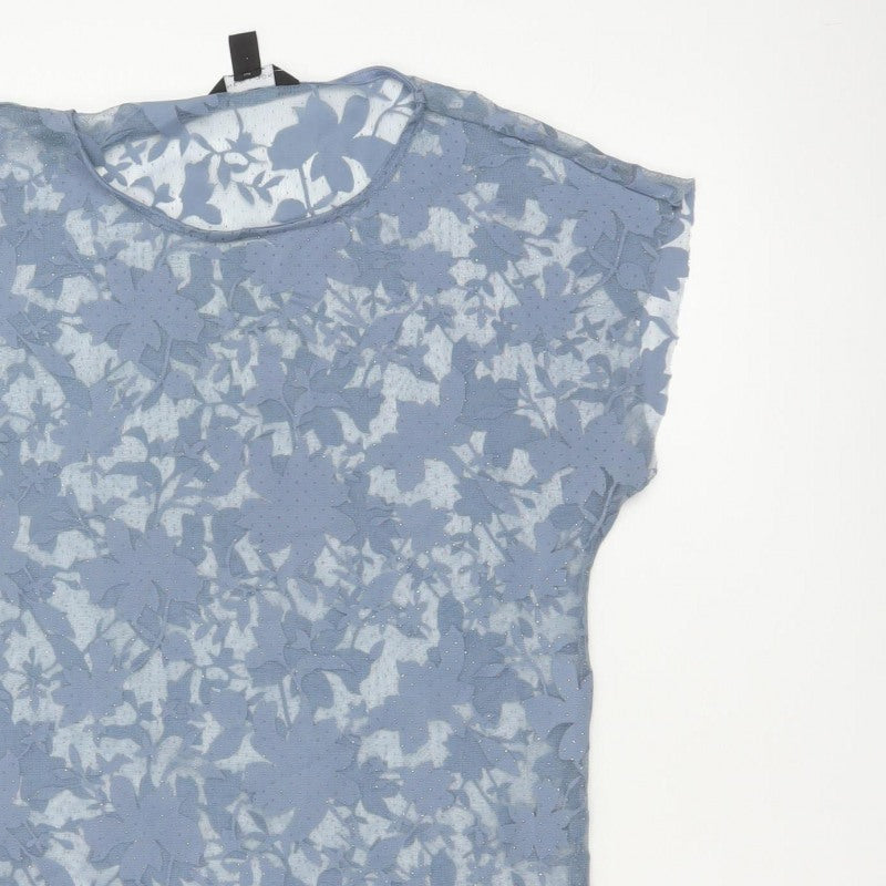 New Look Women Blue Floral Sheer Glitter Basic T-Shirt UK 12