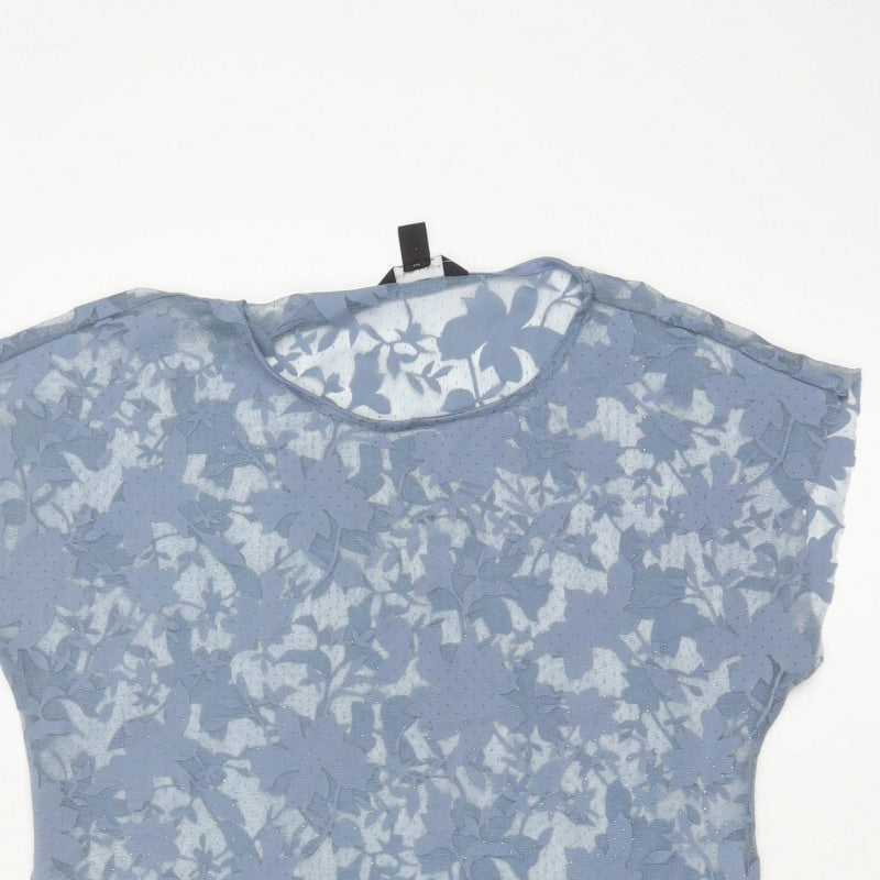 New Look Women Blue Floral Sheer Glitter Basic T-Shirt UK 12