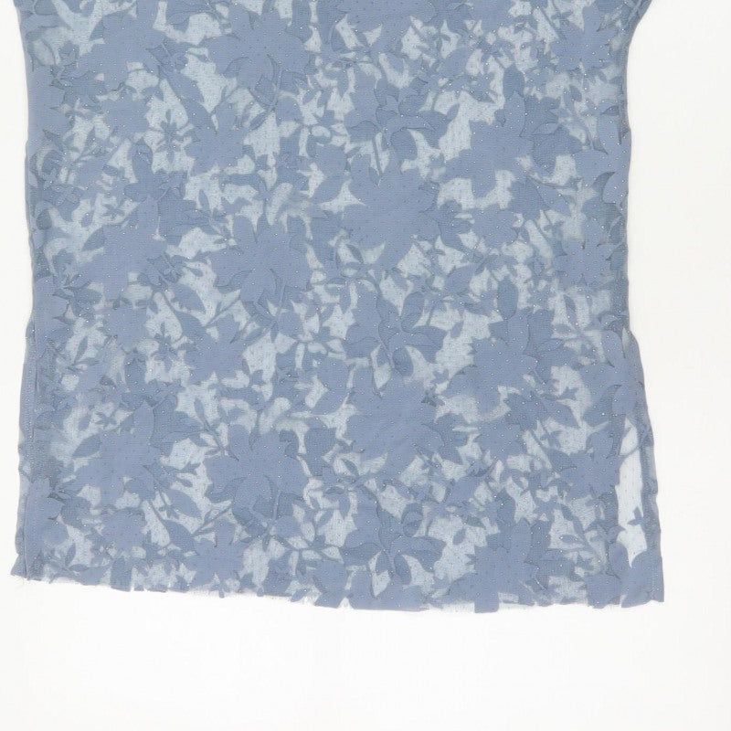 New Look Women Blue Floral Sheer Glitter Basic T-Shirt UK 12
