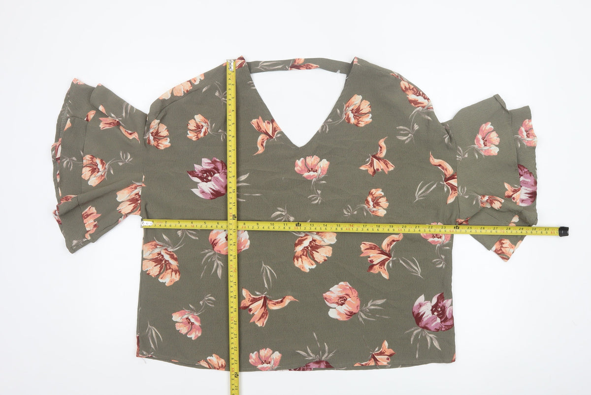 Blue Vanilla Women Green Floral V-Neck Flutter Sleeve Blouse M