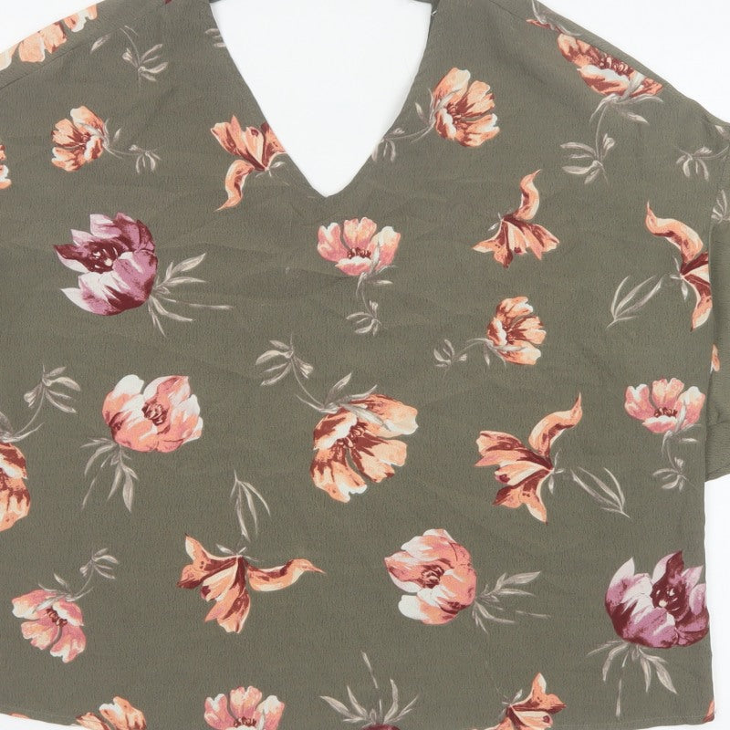 Blue Vanilla Women Green Floral V-Neck Flutter Sleeve Blouse M