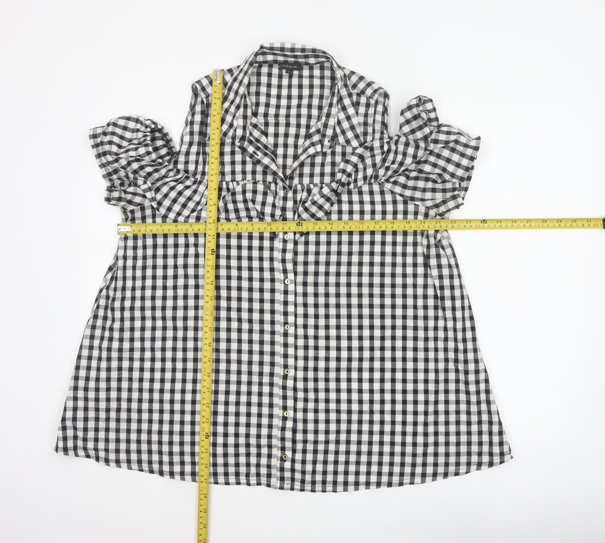River Island Women Black White Check Puff Sleeve Blouse UK 16