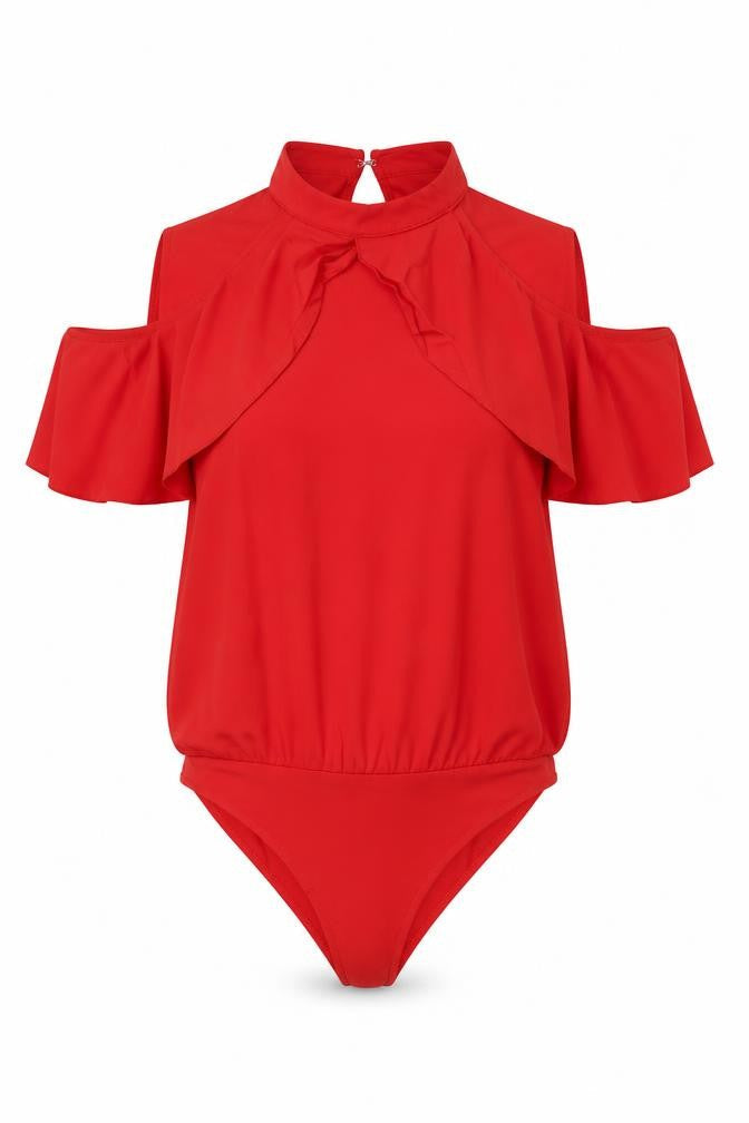 Zara Trafaluc Women Red S Ruffle Cold Shoulder High Neck Bodysuit