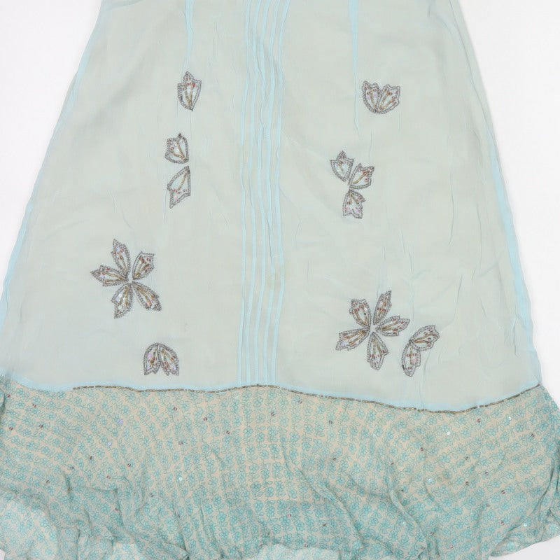 Fransa Women Blue UK 10 A-Line Floral Beaded Ruffle Knee Skirt