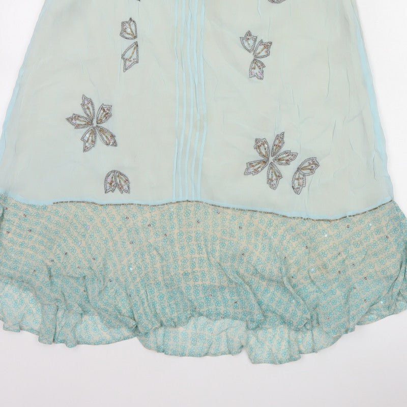 Fransa Women Blue UK 10 A-Line Floral Beaded Ruffle Knee Skirt