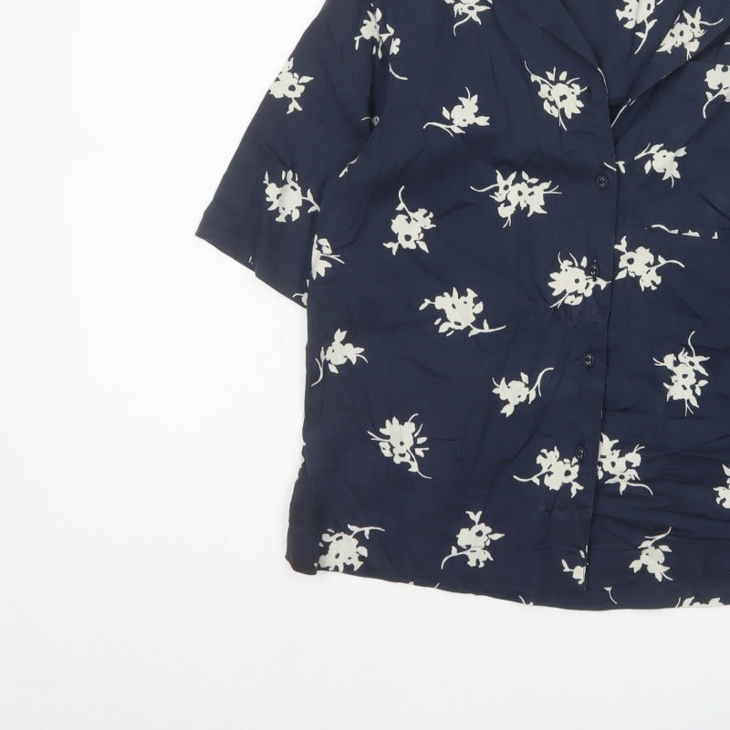 Marks & Spencer Women Blue UK 6 Floral Short Sleeve Button-Up Blouse
