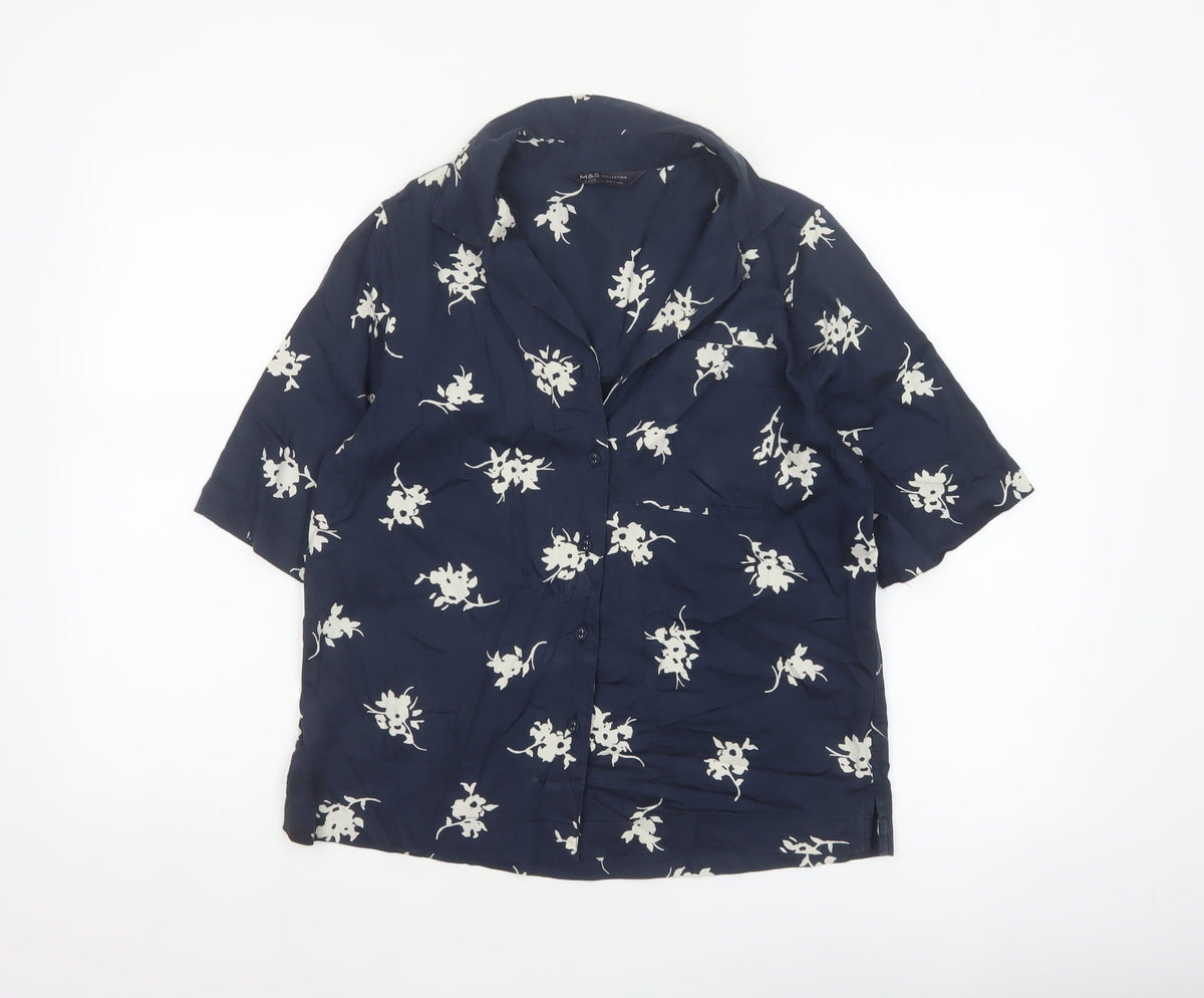 Marks & Spencer Women Blue UK 6 Floral Short Sleeve Button-Up Blouse
