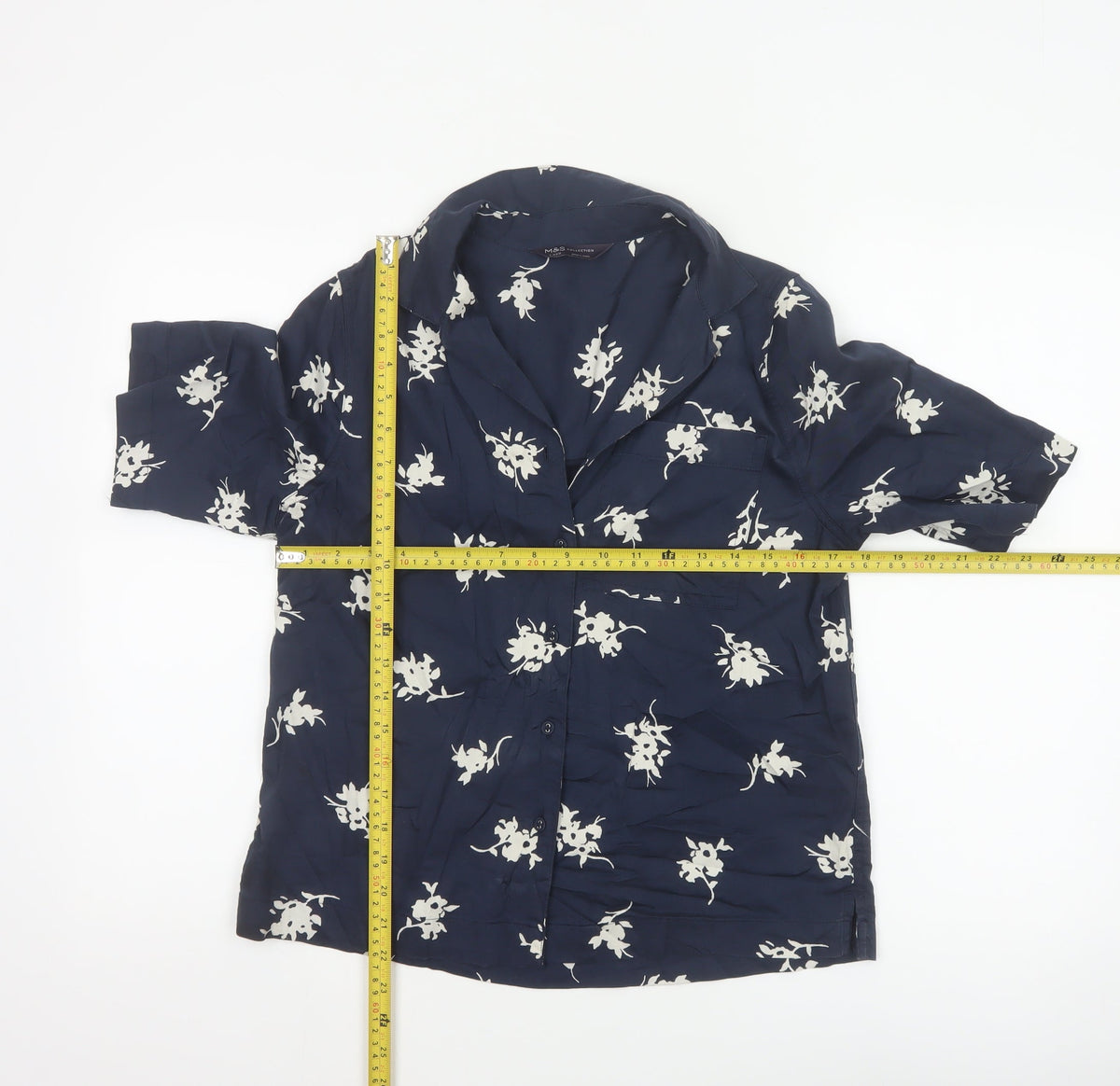 Marks & Spencer Women Blue UK 6 Floral Short Sleeve Button-Up Blouse