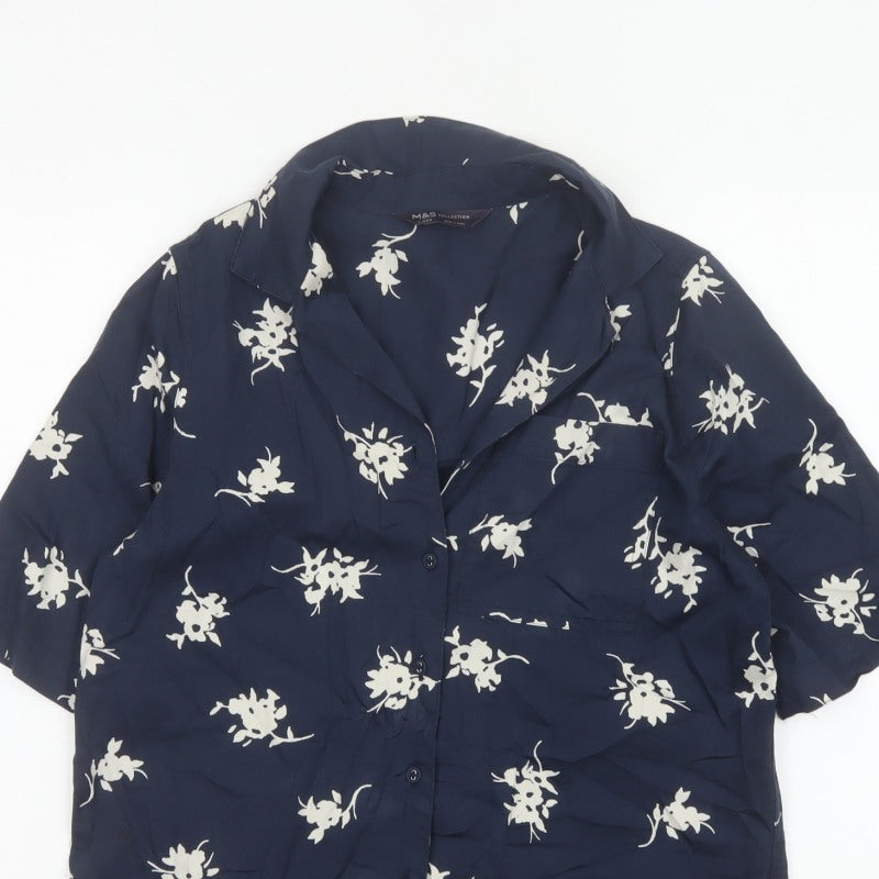 Marks & Spencer Women Blue UK 6 Floral Short Sleeve Button-Up Blouse