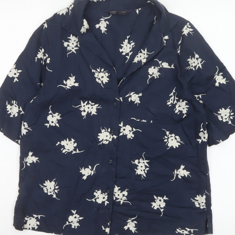 Marks & Spencer Women Blue UK 6 Floral Short Sleeve Button-Up Blouse