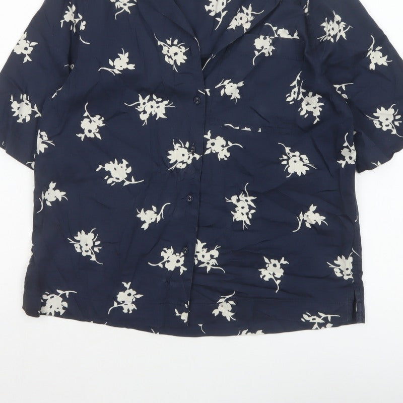 Marks & Spencer Women Blue UK 6 Floral Short Sleeve Button-Up Blouse