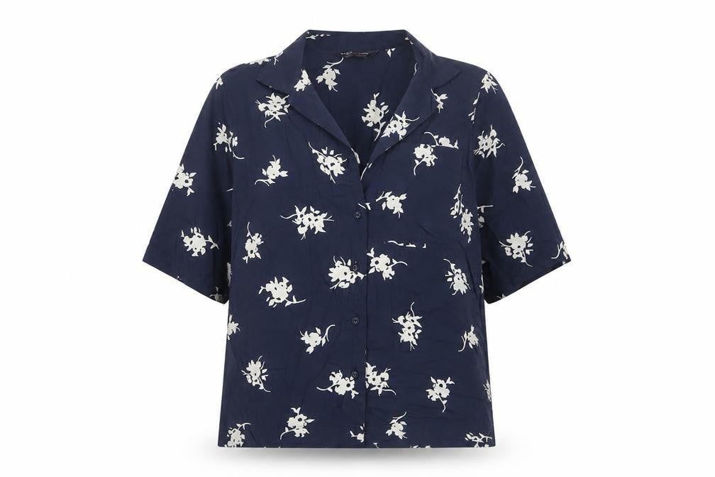 Marks & Spencer Women Blue UK 6 Floral Short Sleeve Button-Up Blouse
