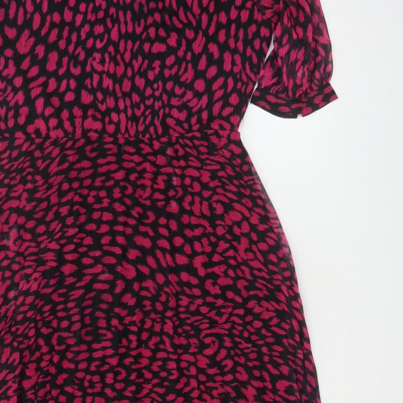 Warehouse Women Pink Leopard Print Midi Fit & Flare Dress UK 12
