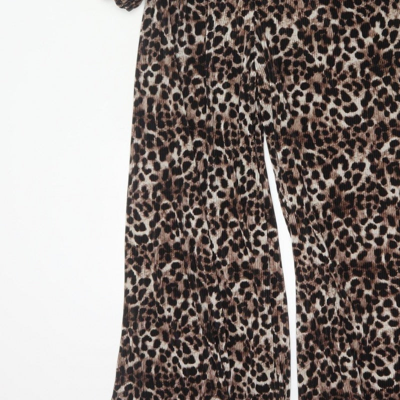 ASOS DESIGN Women Brown Leopard Print Pleated Wide Leg Jumpsuit UK 12