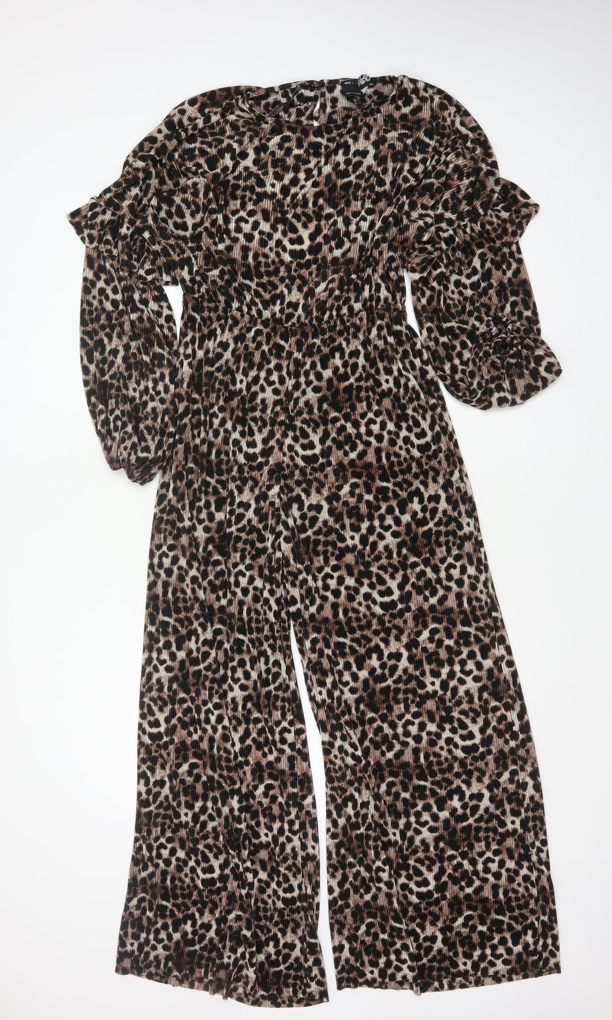 ASOS DESIGN Women Brown Leopard Print Pleated Wide Leg Jumpsuit UK 12