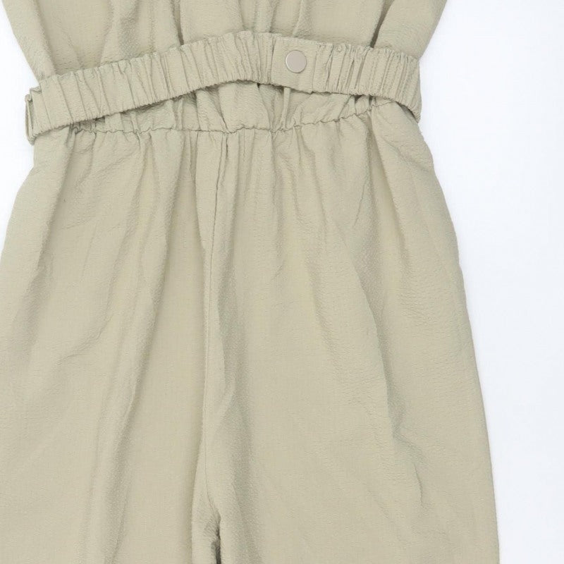 Zara Women Beige M Sleeveless V-Neck Belted Tapered Jumpsuit