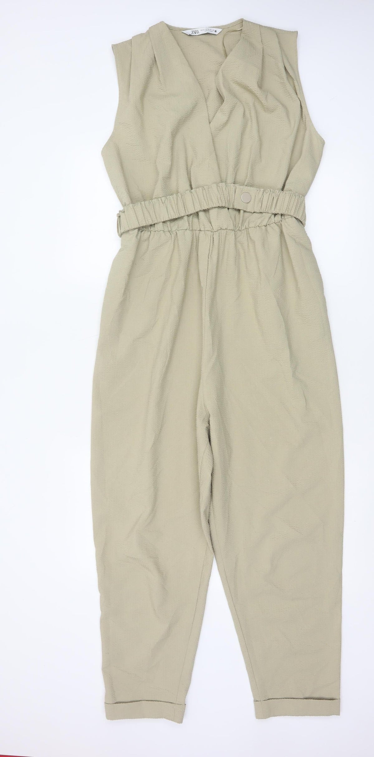 Zara Women Beige M Sleeveless V-Neck Belted Tapered Jumpsuit