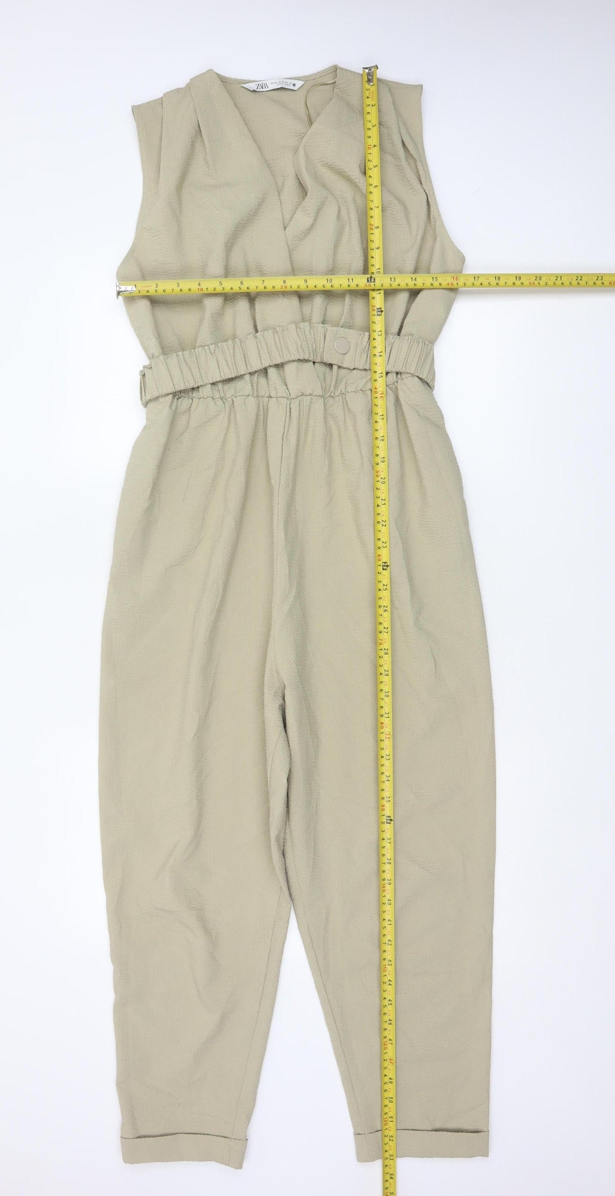 Zara Women Beige M Sleeveless V-Neck Belted Tapered Jumpsuit