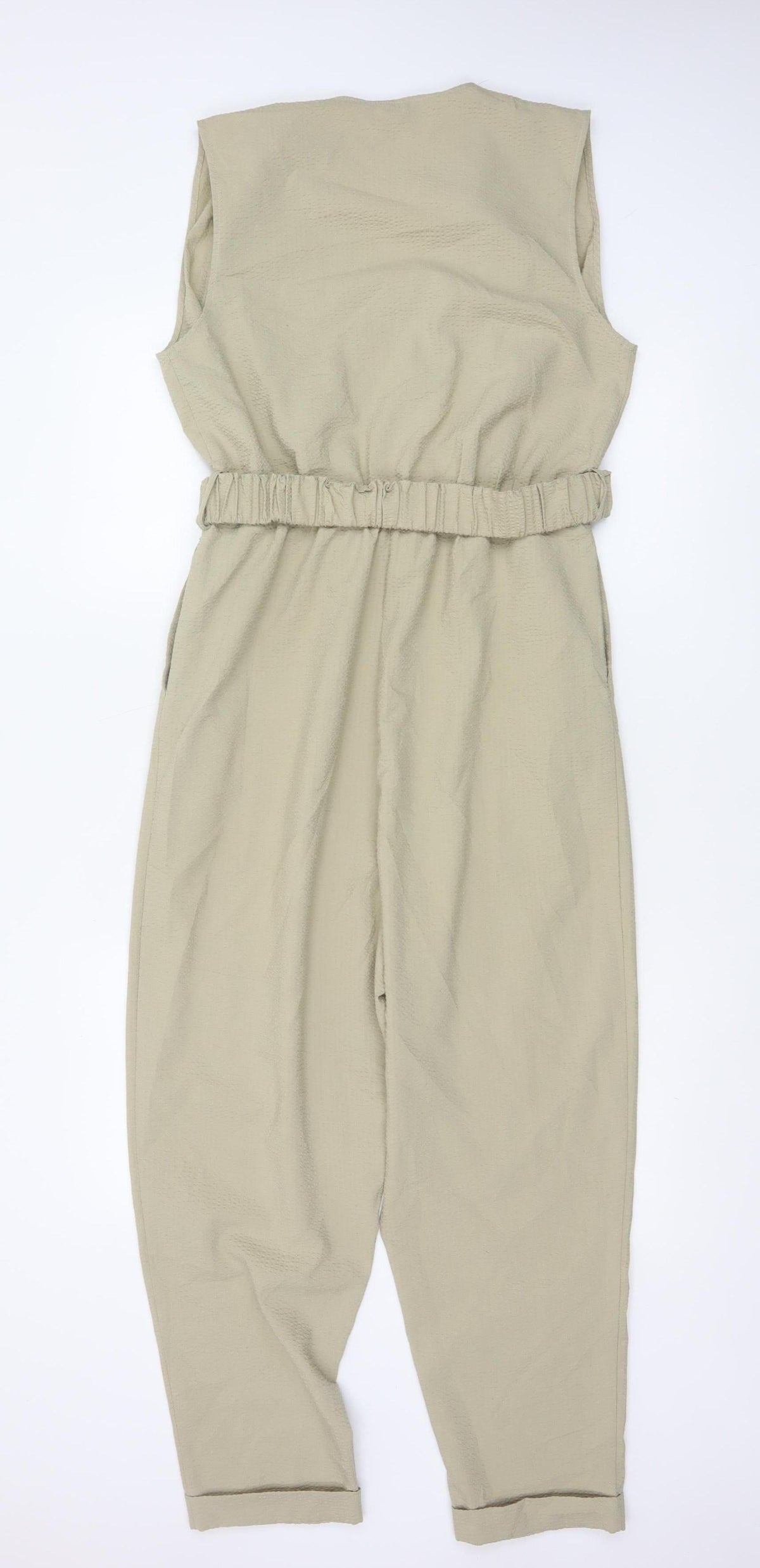 Zara Women Beige M Sleeveless V-Neck Belted Tapered Jumpsuit