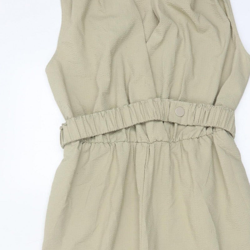 Zara Women Beige M Sleeveless V-Neck Belted Tapered Jumpsuit
