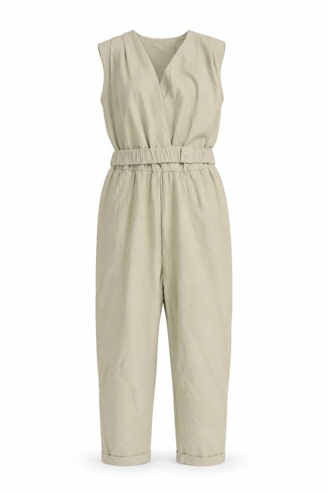 Zara Women Beige M Sleeveless V-Neck Belted Tapered Jumpsuit