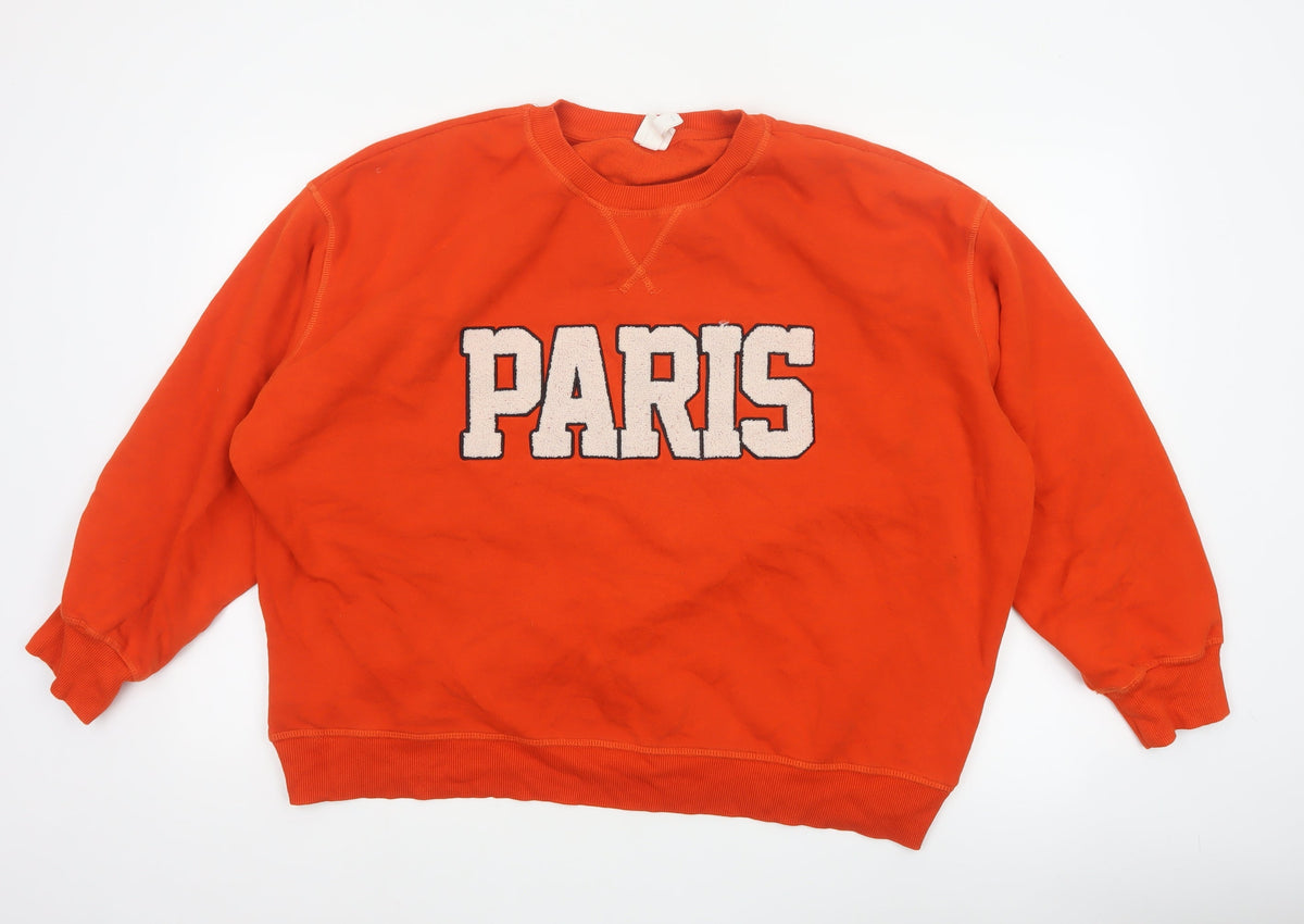 H&M Women Orange Paris Embroidered Fleece Sweatshirt UK 16