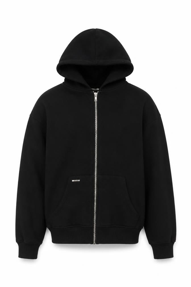 Front view of Sevenheavens Men’s Black M Full Zip Hooded Fleece Hoodie Logo Pockets