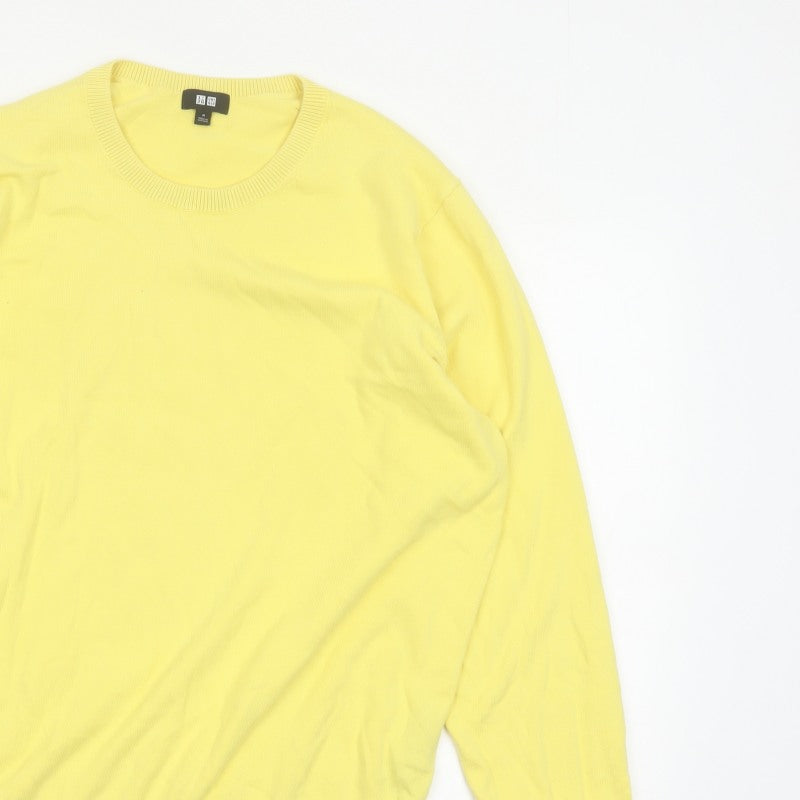 Uniqlo Men Yellow M Cotton Crew Neck Fine Knit Pullover Jumper