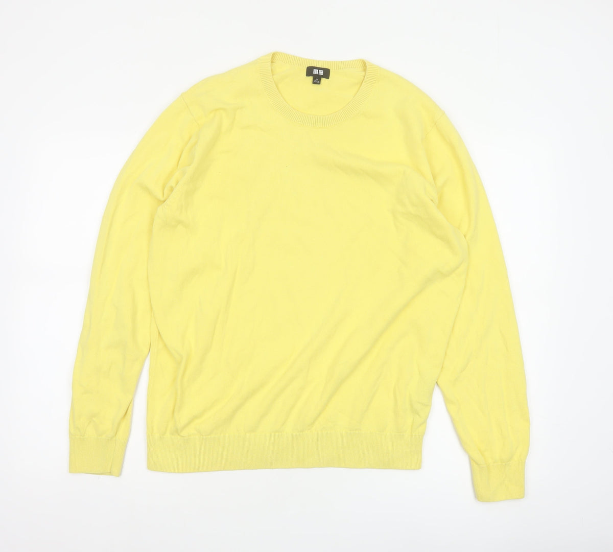 Uniqlo Men Yellow M Cotton Crew Neck Fine Knit Pullover Jumper