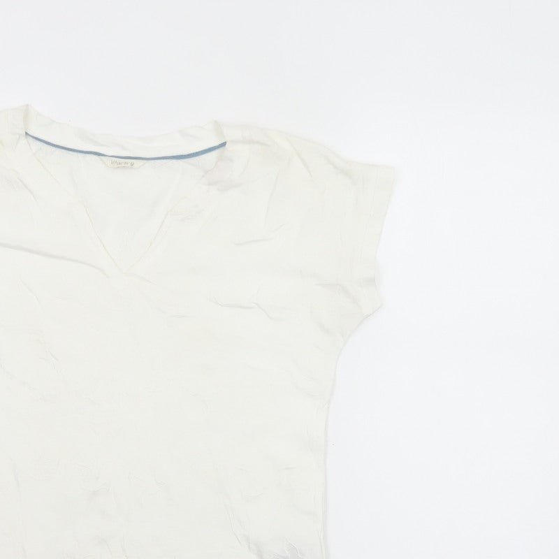 White Stuff Women Ivory UK 8 Embroidered Cotton V-Neck T-Shirt