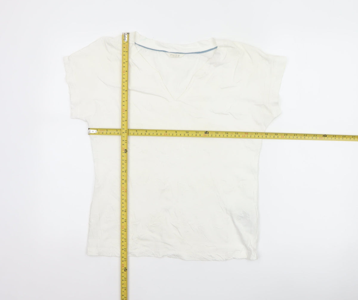 White Stuff Women Ivory UK 8 Embroidered Cotton V-Neck T-Shirt