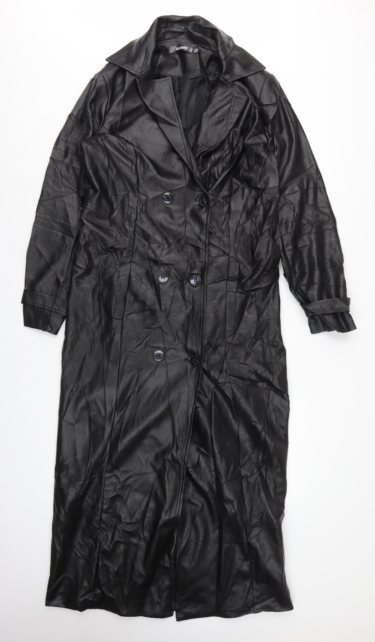 Missguided Women Black UK 10 Long Faux Leather Double-Breasted Trench Coat