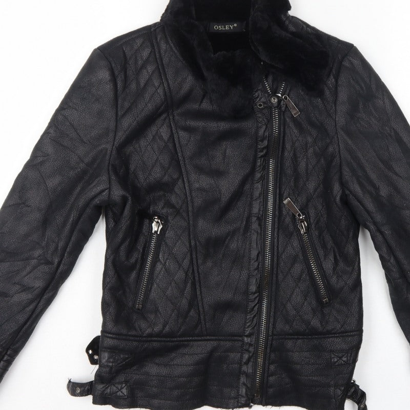 Osley Women’s Black UK 10 Faux Leather Biker Jacket Fur Collar