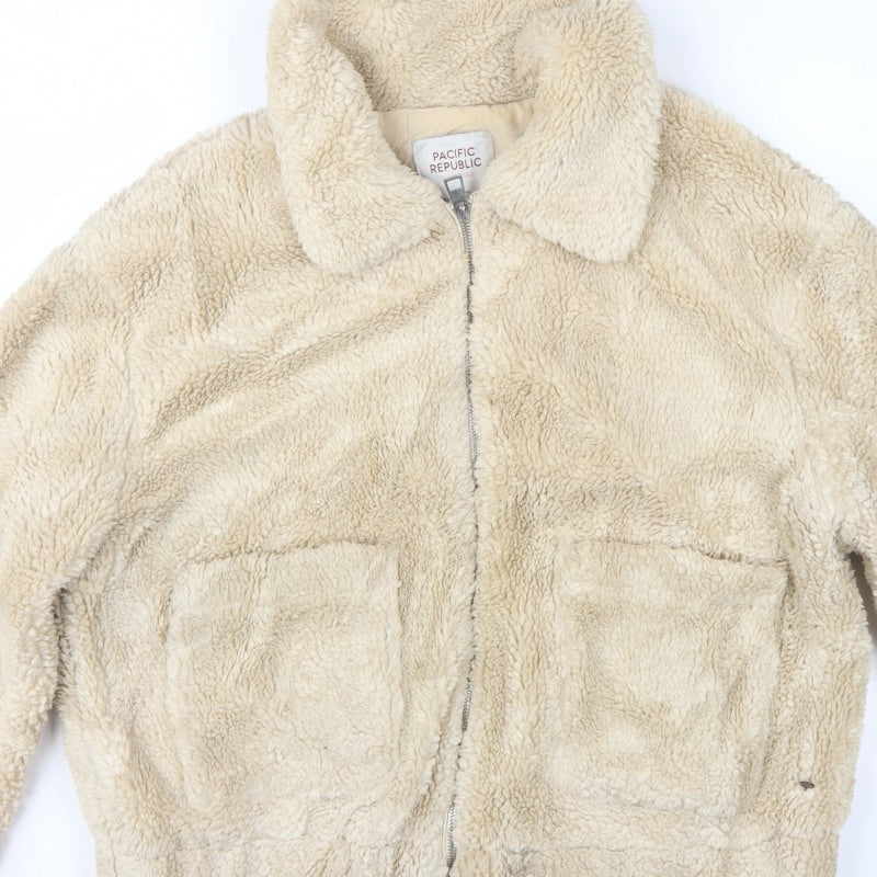 Pacific Republic Women Beige M Teddy Faux Fur Zip Jacket